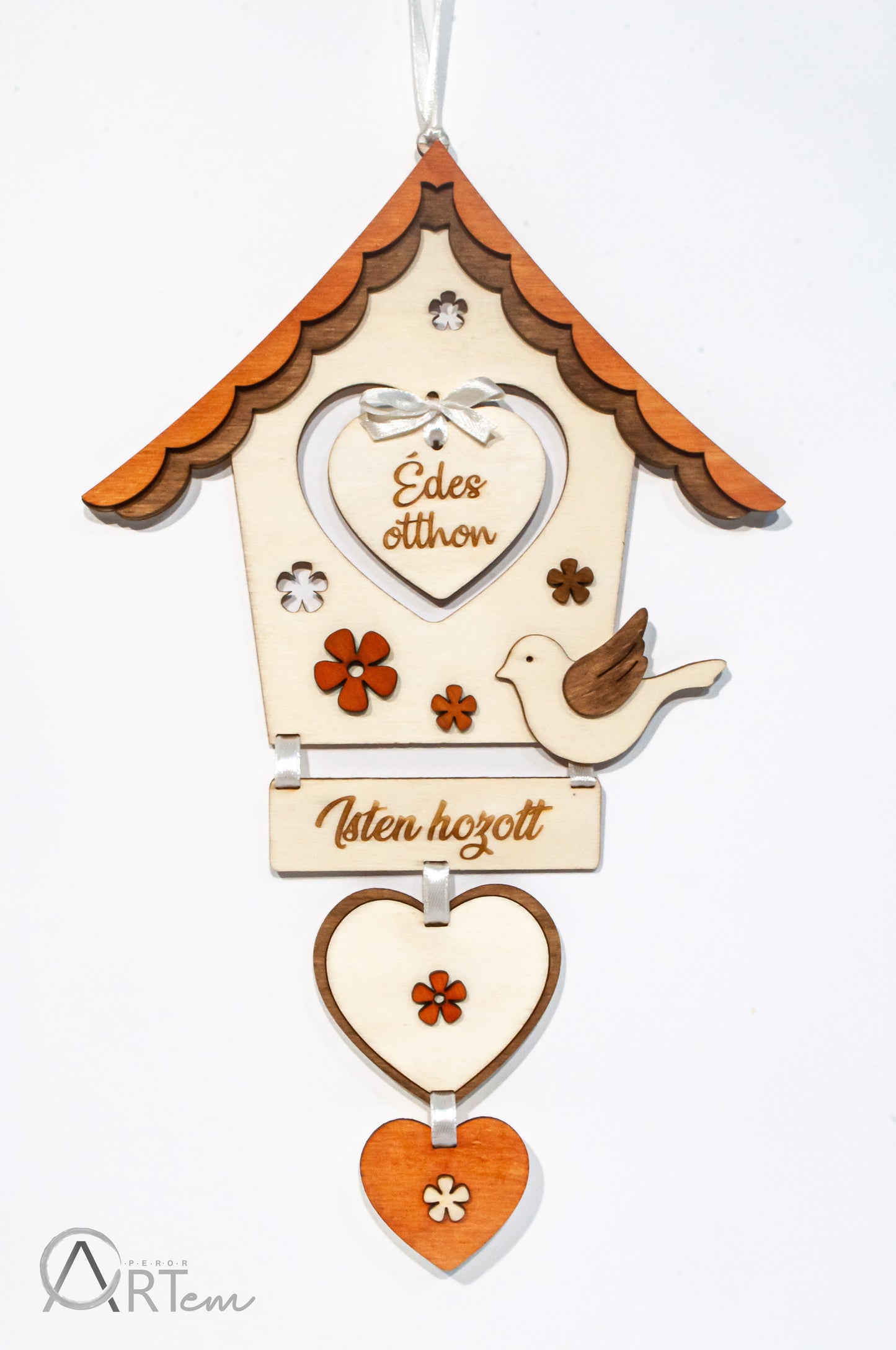 Házikó ajtódísz madárkával barna és narancs színben