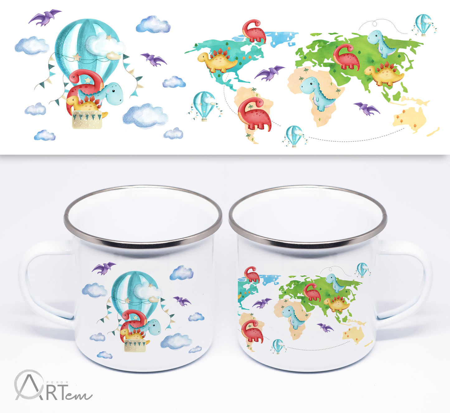 Térképes bögre dínókkal