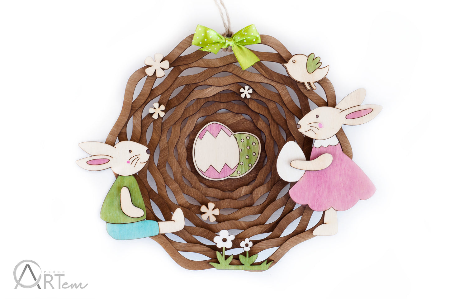 Húsvéti ajtódísz nyuszi párral és kismadárral