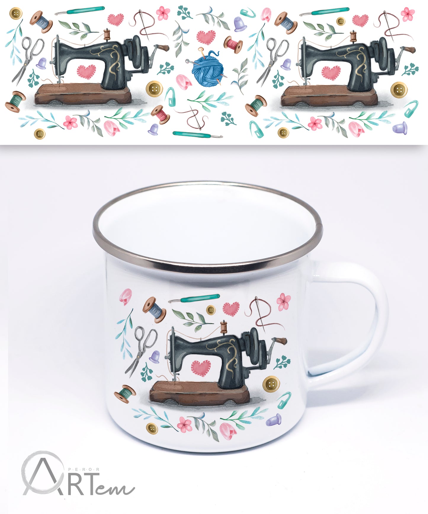 Varrógépes bögre virágos díszítéssel