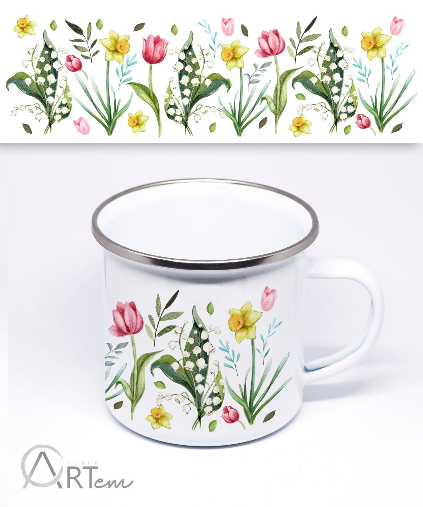 Nárciszos, gyöngyvirágos, tulipános bögre